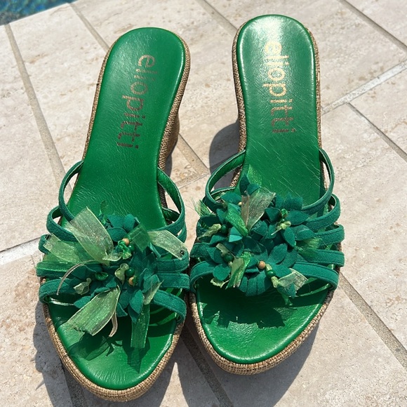 Green Slides Wedges Flower Ribbon Details Size 8 Platform Open Toe Elio Pitti - Picture 1 of 16